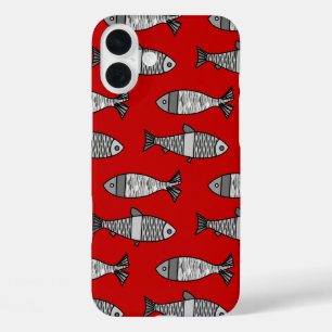 Coques iPhone 16 Plus Poisson moderne rétro, rouge profond et gris / gri