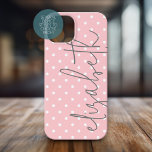 Coque Case-Mate iPhone Polka Dot rose vierge script gris nom<br><div class="desc">Un design de pois féminin et girly avec un nom dans une police calligraphique manuscrite.</div>