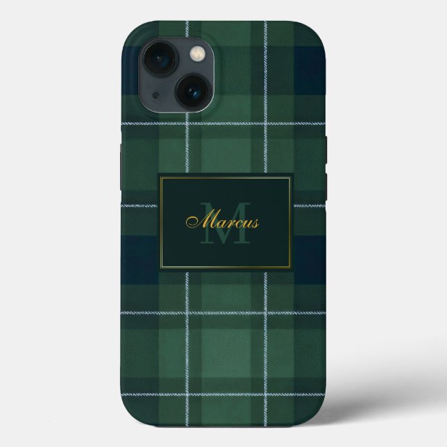 Coques Case-Mate iPhone Polo tartan vert foncé avec monogramme et nom vint (Verso)