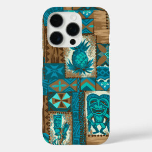 Coque iPhone 16 Pro Pomaika’i Tiki Hawaii Vintage Tapa Turquoise