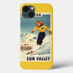 Etui iPhone 13 Poster d'une femme à tête rouge souriant et skiant
