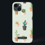 iPhone 13 Case Pots peints avec Succulents et Motif de cactus<br><div class="desc">Mini coque iPad mignon et moderne avec cactus et succulents dans des pots de coeurs peints avec un arrière - plan à la menthe. Ce coque personnalisé sera parfait comme cadeau. Des modèles similaires sont disponibles.</div>