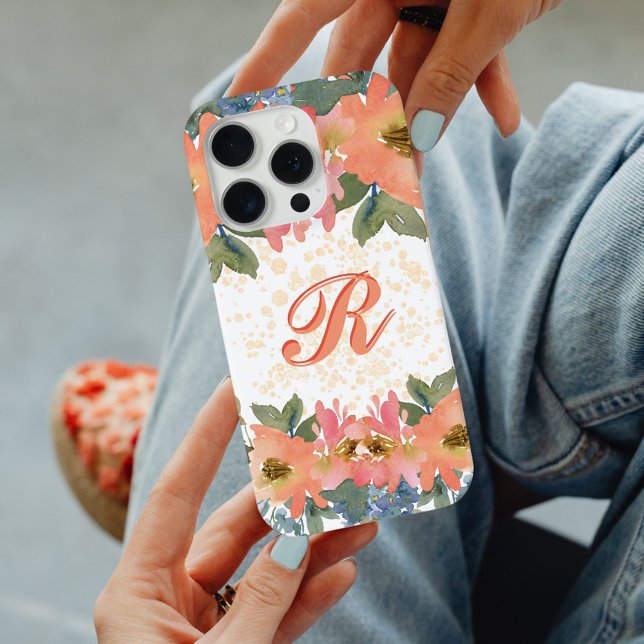 Coques Case-Mate iPhone Poule Moderne Monogramme Floral Aquarelle Pêche R (Créateur téléchargé)