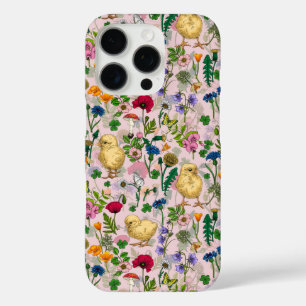 Coque iPhone 16 Pro Poulets et fleurs sauvages sur coton bonbon rose
