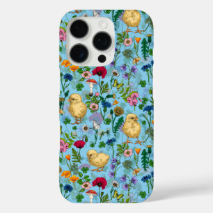 Coque iPhone 16 Pro Poulets et fleurs sauvages sur le bleu bébé