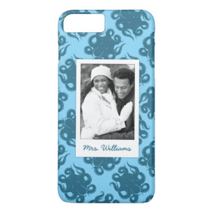 Coque iPhone 8 Plus/7 Plus Poulpe sur le motif bleu   votre photo et nom