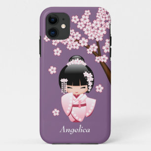 Coque iPhone 11 Poupée blanche Kimono Kokeshi - mignonne Geisha Gi