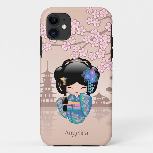 Coques Case-Mate iPhone Poupée Keiko Kokeshi - Blue Kimono Geisha Girl (Dos)