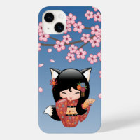 Poupée Kitsune Kokeshi - Black Fox Geisha Girl