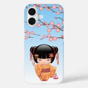 Coque Pour iPhone 16 Poupée Kokeshi Japonaise Geisha Bleue