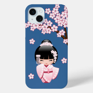 Coque Case-Mate iPhone Poupée Kokeshi Kawaii Kimono Rose sur Fond Bleu