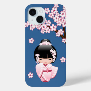 Coque Case-Mate iPhone Poupée Kokeshi Kawaii Kimono Rose sur Fond Bleu
