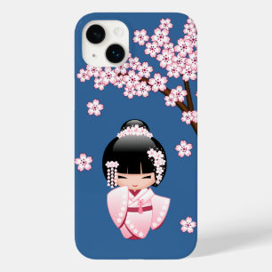 Coque Case-Mate iPhone Poupée Kokeshi Kawaii Kimono Rose sur Fond Bleu