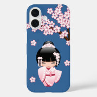 Poupée Kokeshi Kawaii Kimono Rose sur Fond Bleu