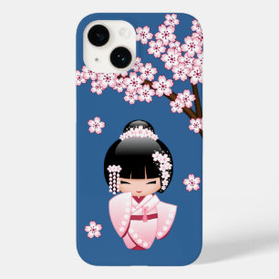 Coque Case-Mate iPhone Poupée Kokeshi Kawaii Kimono Rose sur Fond Bleu