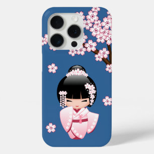 Coque Case-Mate iPhone Poupée Kokeshi Kawaii Kimono Rose sur Fond Bleu