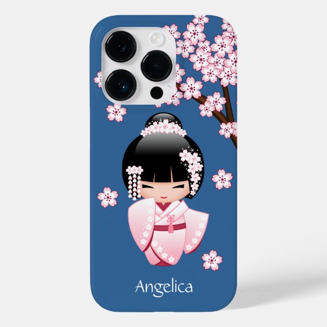 Coques Case-Mate iPhone Poupée Kokeshi Kawaii Kimono Rose sur Fond Bleu (Verso)