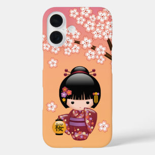 Coque Pour iPhone 16 Poupée Kokeshi Sakura Fille Geisha sur Orange
