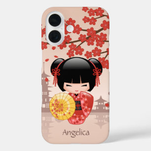 Coque Pour iPhone 16 Poupée Kokeshi Sakura Rouge - Geisha Japonaise