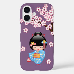 Coque Pour iPhone 16 Poupée Maiko Kokeshi - Blue Kimono Geisha Girl
