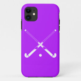 Coque iPhone 11 pourpre de silhouette d'hockey de champ de