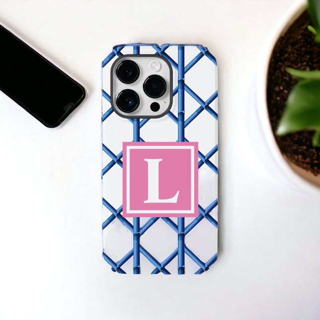 Coques Case-Mate iPhone Preppy Blue Trellis Bamboo Motif Monogramme (Créateur téléchargé)