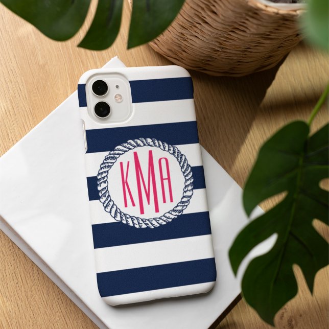 Coques Case-Mate iPhone Preppy Nautical Navy & White Stripe Pink Monogramm (Créateur téléchargé)