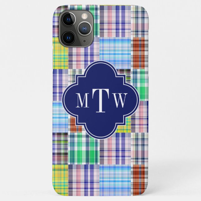 Coques Case-Mate iPhone Preppy Patchwork Madras Navy Quatrefoil Monogramme (Dos)