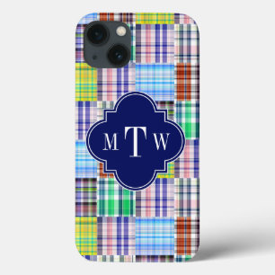 Etui iPhone Case-Mate Preppy Patchwork Madras Navy Quatrefoil Monogramme