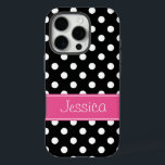 Coques iPhone 16 Pro Preppy Pois rose et noir Personnalisé<br><div class="desc">Un design de pois rose et noir préppy. Personnalisez facilement avec votre nom !</div>