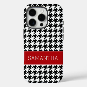 Coques iPhone 16 Pro Preppy Red et Black Houndstooth Personnalisé