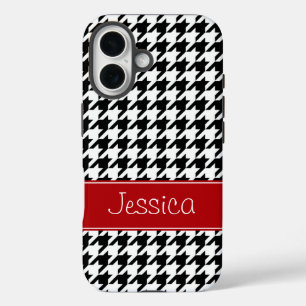 Coque Pour iPhone 16 Preppy Red et Black Houndstooth Personnalisé