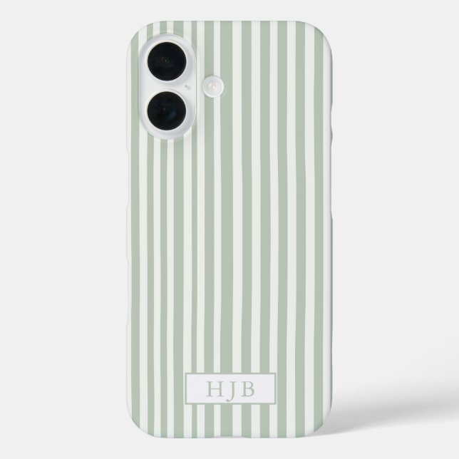 Coques Case-Mate iPhone Preppy Sage Green Stripe Monogramme Joli iPhone 16 (Verso)