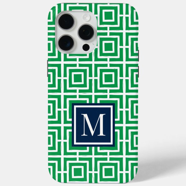 Coques Case-Mate iPhone Preppy Square Lattice Monogram – Green & Navy (Verso)