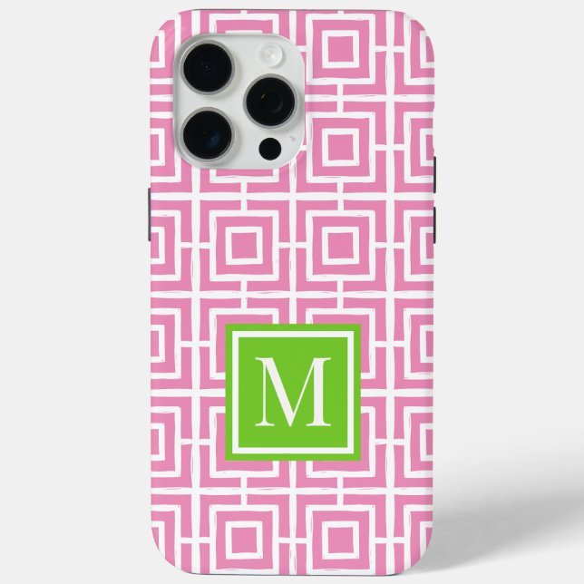 Coques Case-Mate iPhone Preppy Square Lattice Monogram – Pink & Lime (Verso)