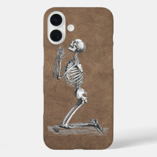 Coque Pour iPhone 16 Plus Prier Skeleton Faux-Leather