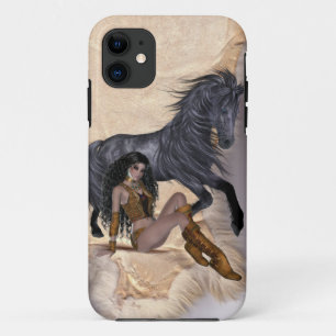 Coque iPhone 11 princesse indienne américaine et cheval noir