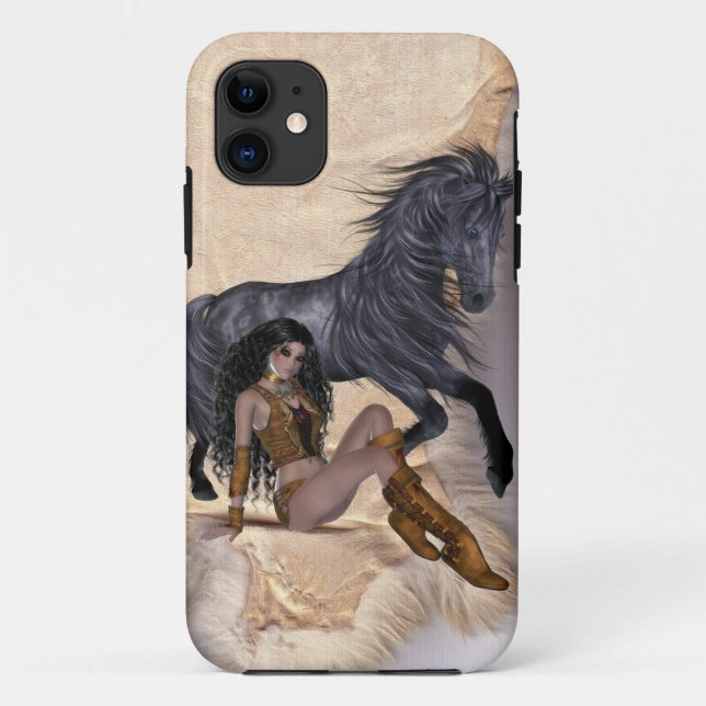 Coques Case-Mate iPhone princesse indienne américaine et cheval noir (Dos)