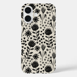 Coque Pour iPhone 16 Protea Floral Block Print Millefleur noir lin