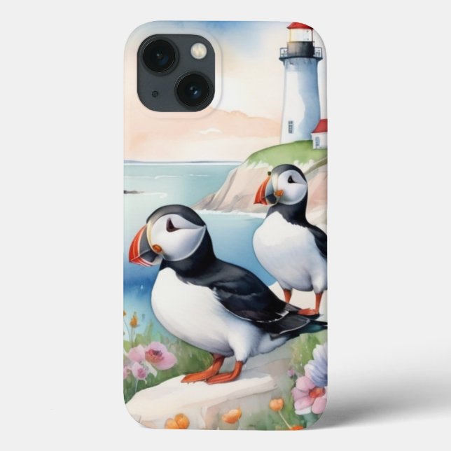 Coques Case-Mate iPhone Puffins by the Sea - Ocean Flowers & Lighthouse (Verso)