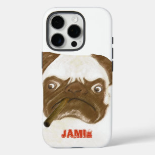 Coques iPhone 16 Pro Puggy Grumpy personnalisée avec Cigar