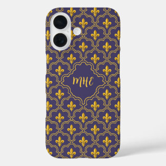 Coque Pour iPhone 16 Purple and gold fleur-de-lys quatrefoil pattern
