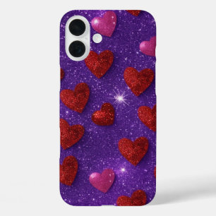 COQUE POUR iPhone 16 PLUS PURPLE AVEC PARTIES SCINTILLANT ROUGE & ROSE LOIN