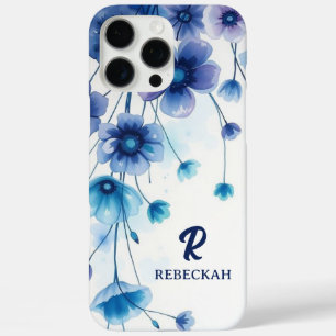 Coque iPhone 16 Pro Max Purple Bleu Élégant Aquarelle Fleurs Monogramme
