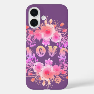 Coque Pour iPhone 16 Purple LOVE dans l'aquarelle Fleurs