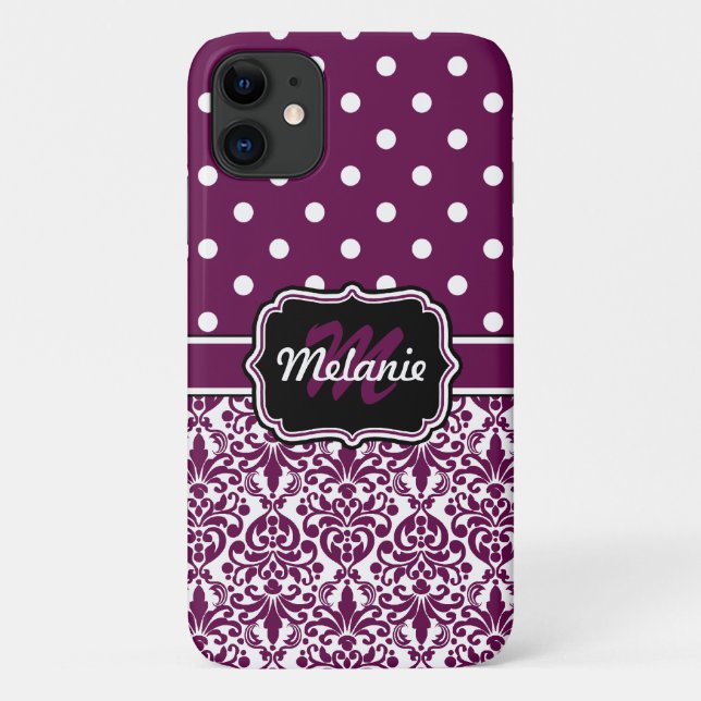 Coques Case-Mate iPhone Purple Monogramme Damask Pois Motif (Dos)