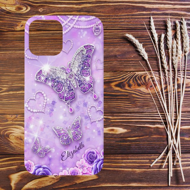 Coques Case-Mate iPhone Purple n Papillons et Coeurs roses (Purple and Pink Butterflies with Roses and Pearls and a Custom Text Line Phone Case)