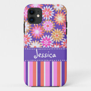 Coque iPhone 11 Purple 'n Pink Flowers & Stripes