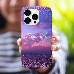 Coque iPhone 16 Pro Purple Ocean Sunset Nom du script de photo Confett