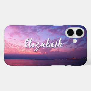 Coque Pour iPhone 16 Plus Purple Pink Ocean Sunset Nom de la photo Script él